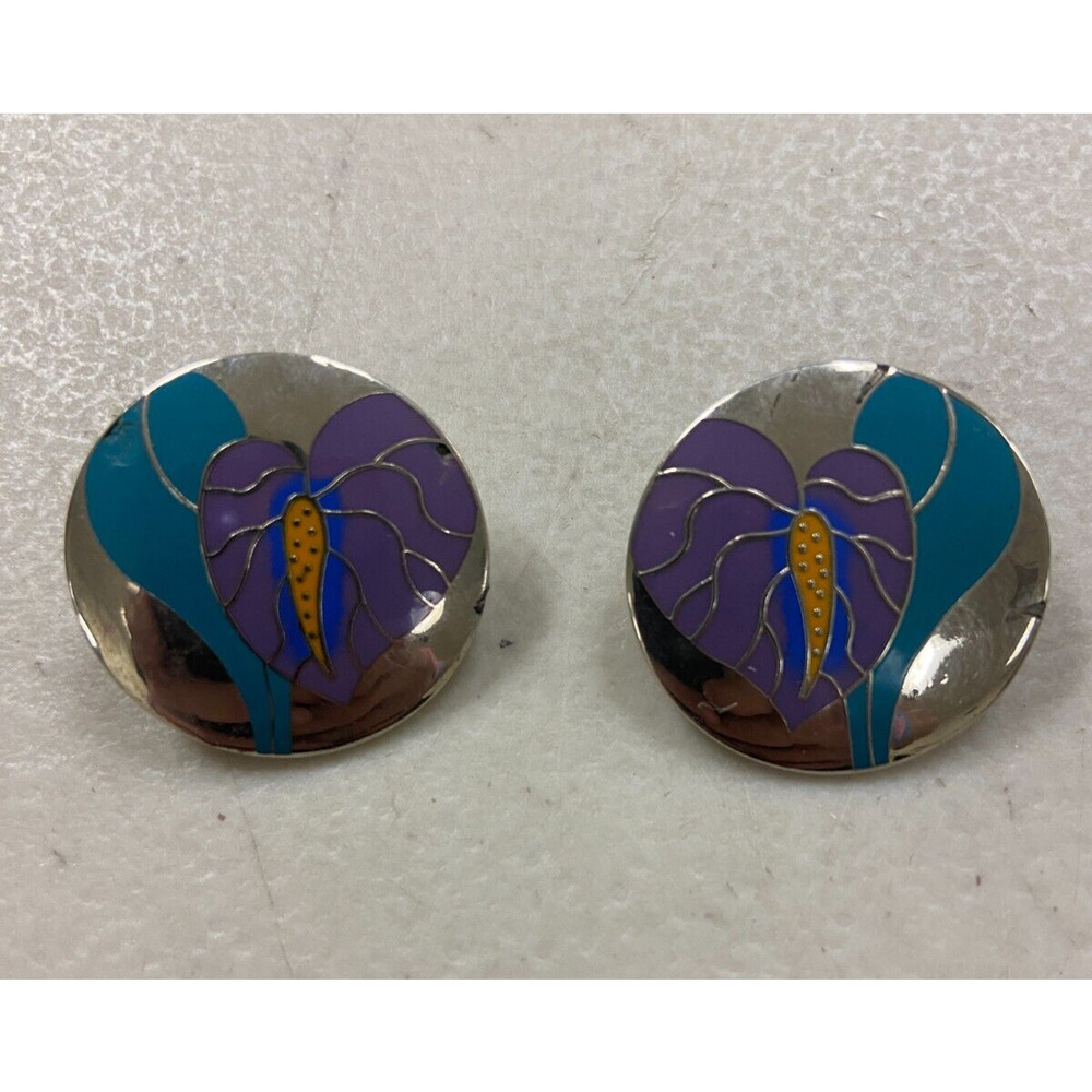 Vintage Laurel Burch Antherium Signed Tropical Flowers Pierced Earrings